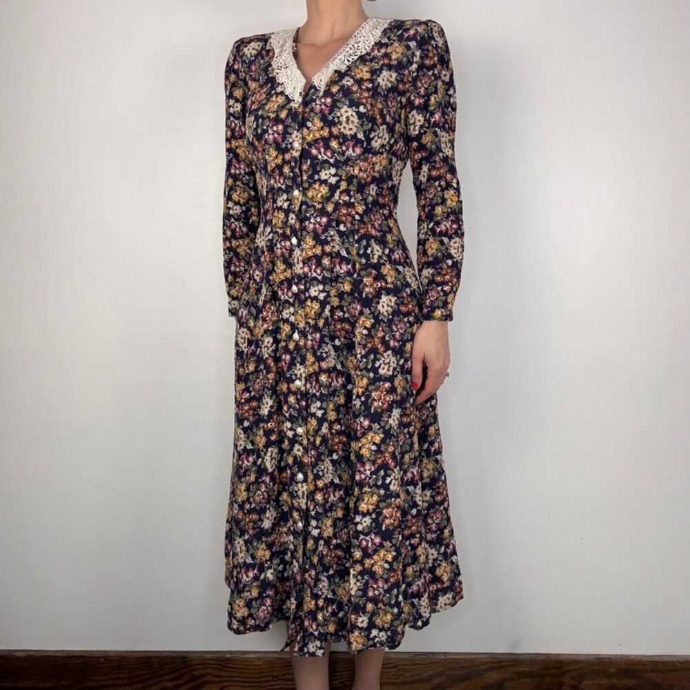 Vintage Floral Lace Midi Maxi Dress Button Front | Prairie Cottagecore
